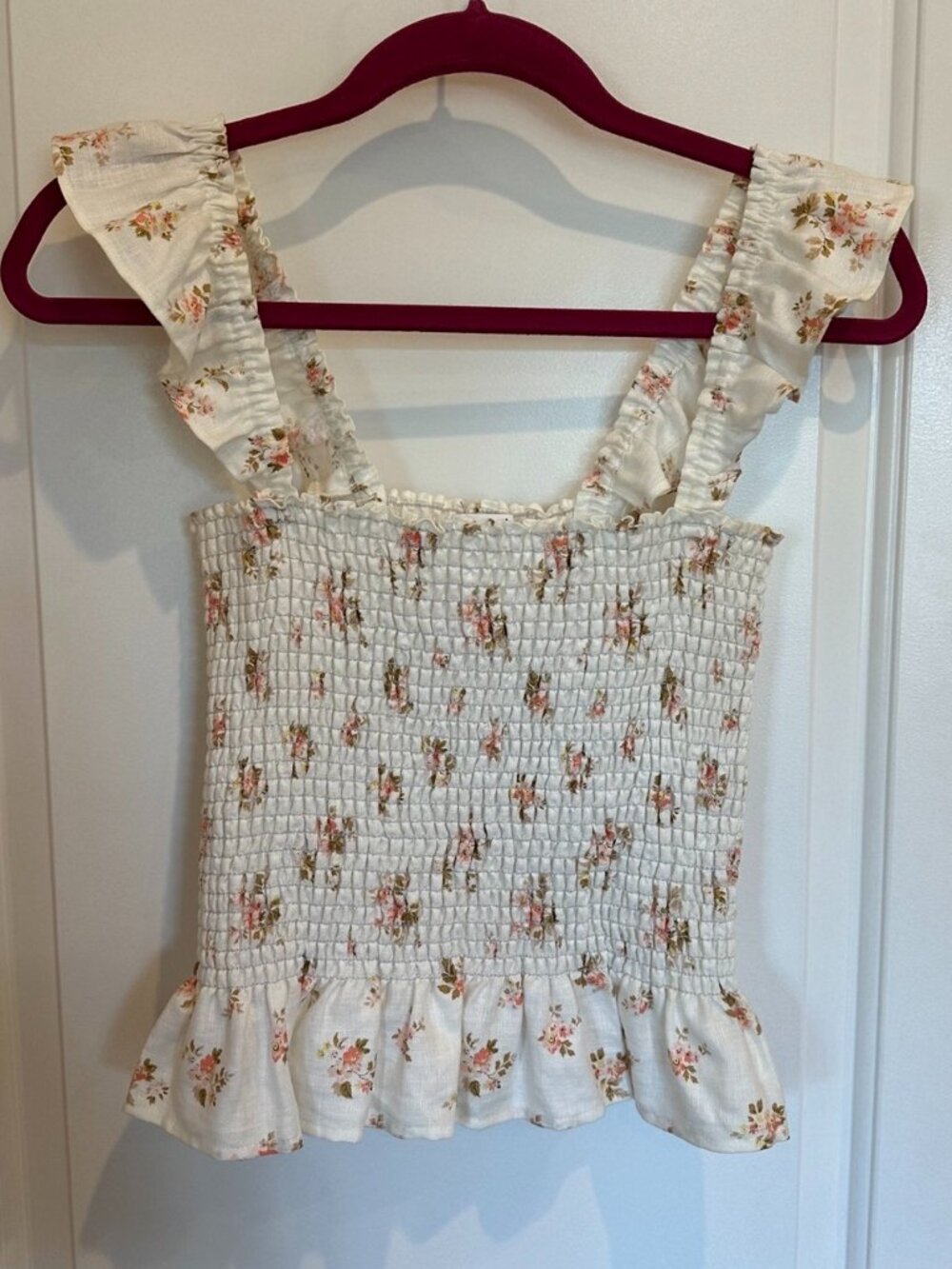 REFORMATION - Linen Tank Top Junebug Sleeveless Smocked Floral Shirt